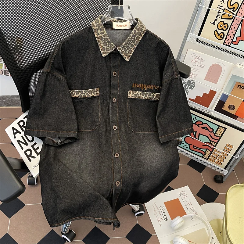 

American Retro Washed Denim Shirt Men's Trendy Design Leopard Print Splicing Casual Loose Casual Shirt Summer Short Sleeve