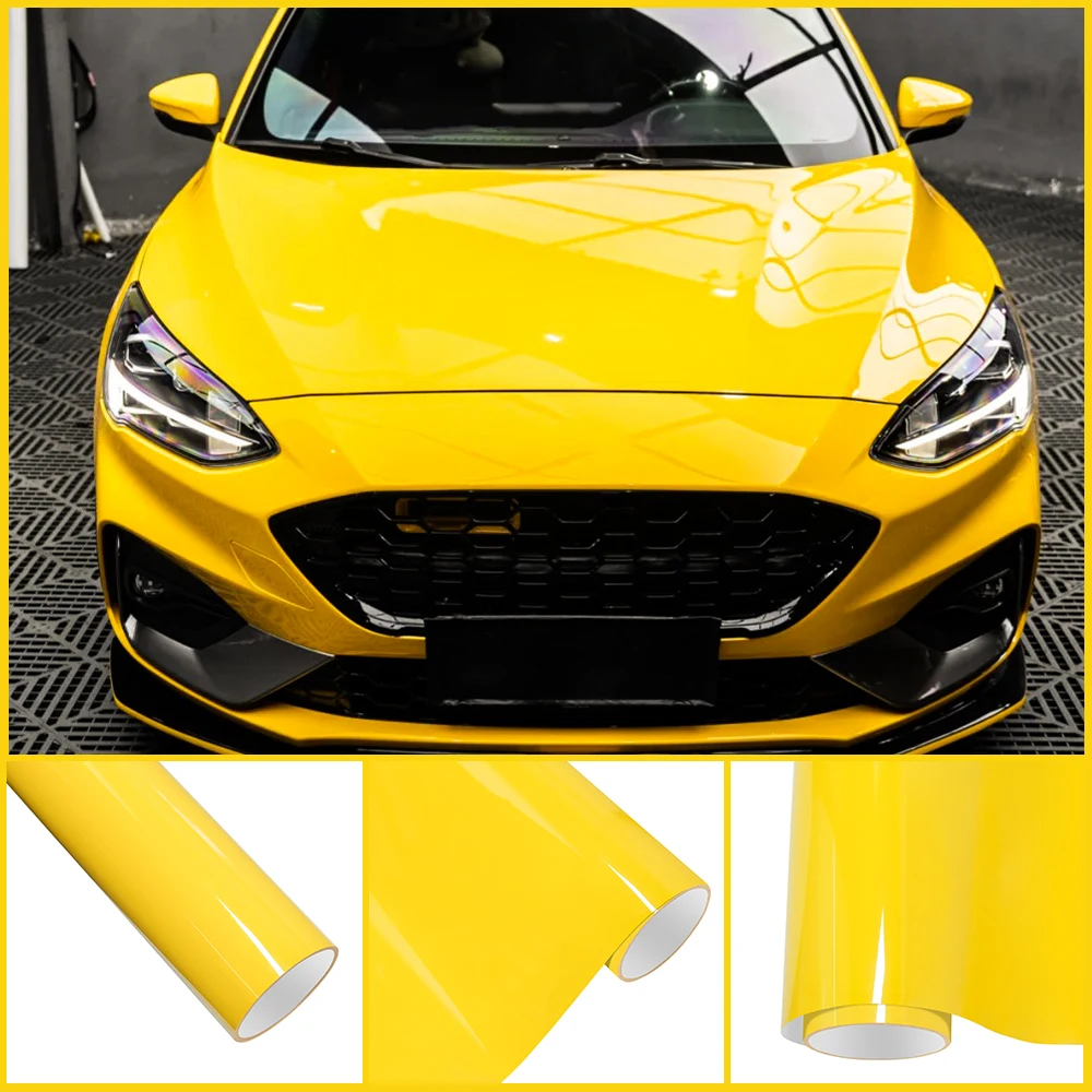 Película de vinilo de revestimiento de PET amarillo de carreras brillante de cristal, pegatina protectora de cuerpo entero para coche, calcomanía de Color DIY, accesorios de sintonización automática