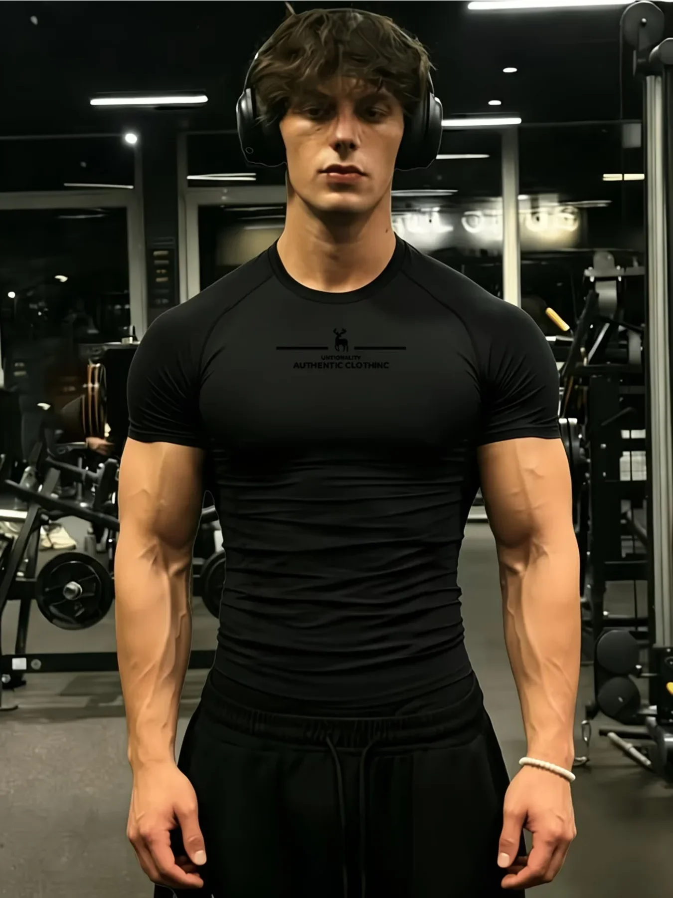 All season fitness bodysuits with short sleeves for men,perfectly outlining chest muscles and arms,highlighting training results