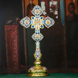 HTISOK Orthodox Church Cross Jesus Crucifix Gold Plated with Multicolored Enamel Easter Altar Cross Decor Orthodox Church Cross