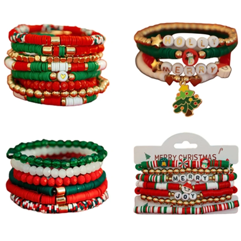 Christmas Themed Beaded Bracelets Colorful Clay Beads Bracelets for Women Girl