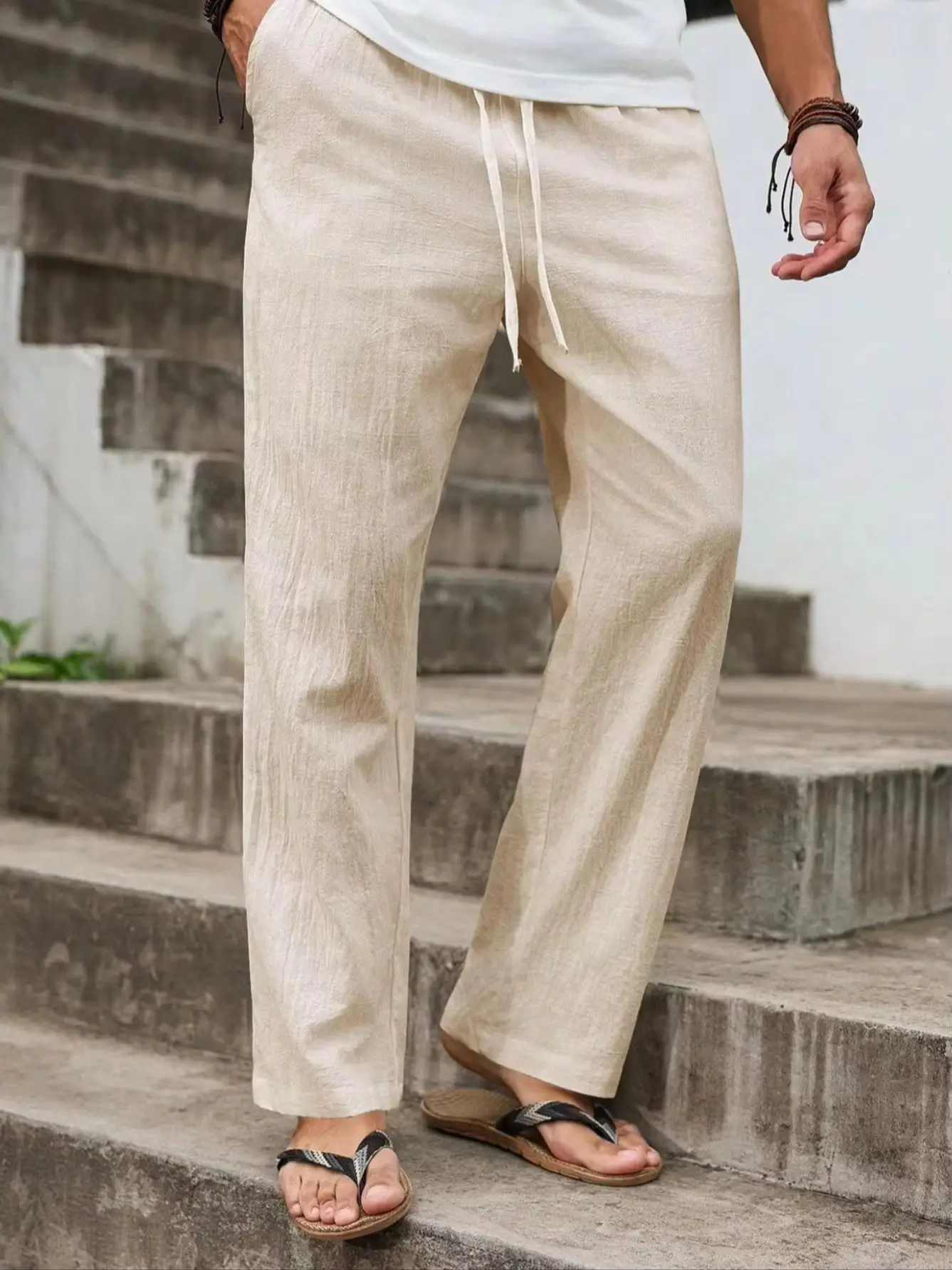 Sommer Neue Leinen Gerade Geschnittene Freizeithose für Herren, Atmungsaktive Leichte Strand-Style Baumwoll-Leinen Lange Hose