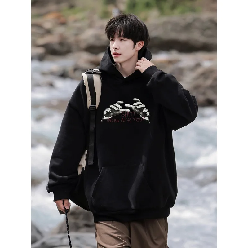 

American High Street Hand-painted Letter-printed Hooded Sweater Men's Autumn and Winter New Loose Casual Lazy Style Hoodie