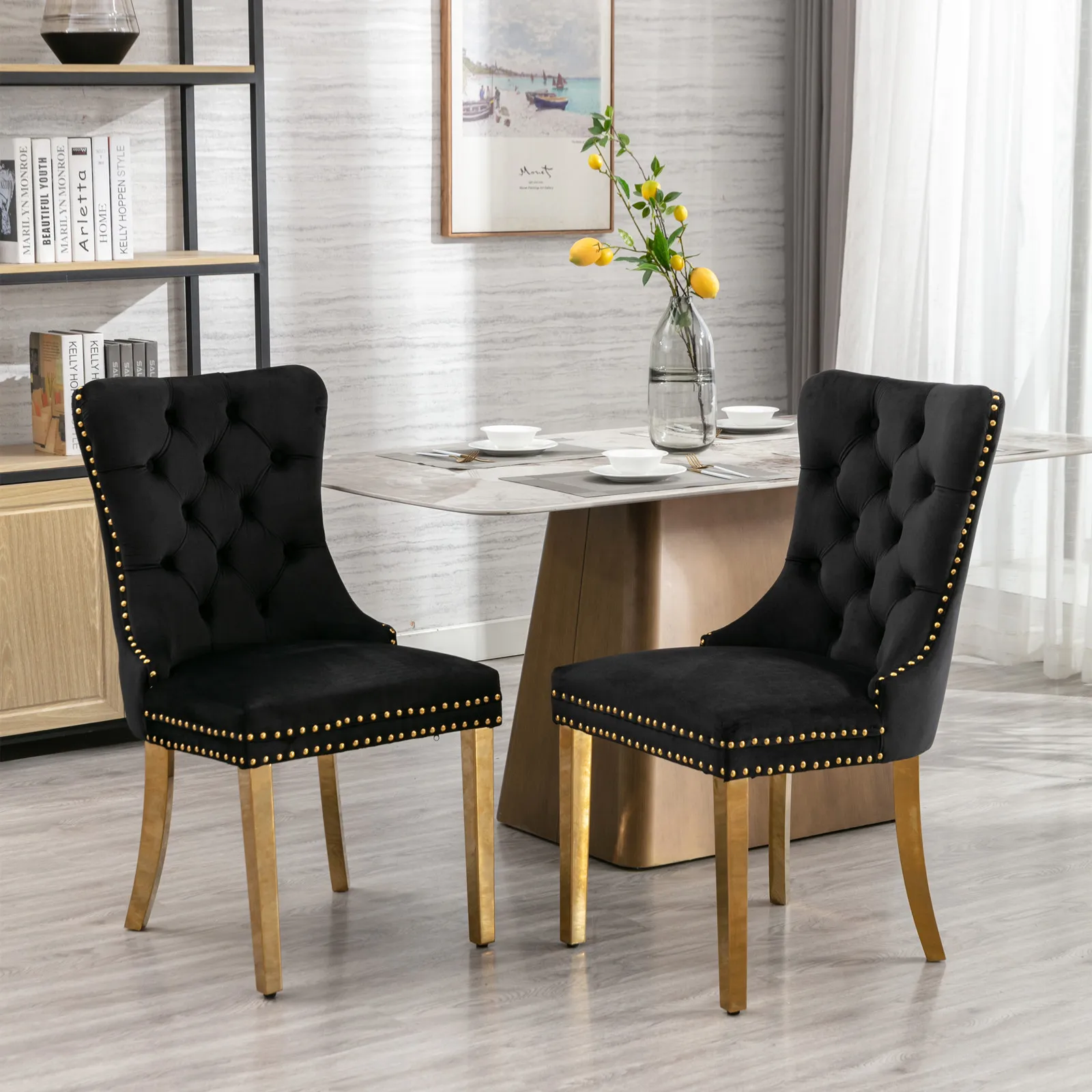 

Wood Velvet Upholstered Dining Chair with Golden Stainless Steel Plating Legs, Set of 2，Black and Gold, Dining Chairs