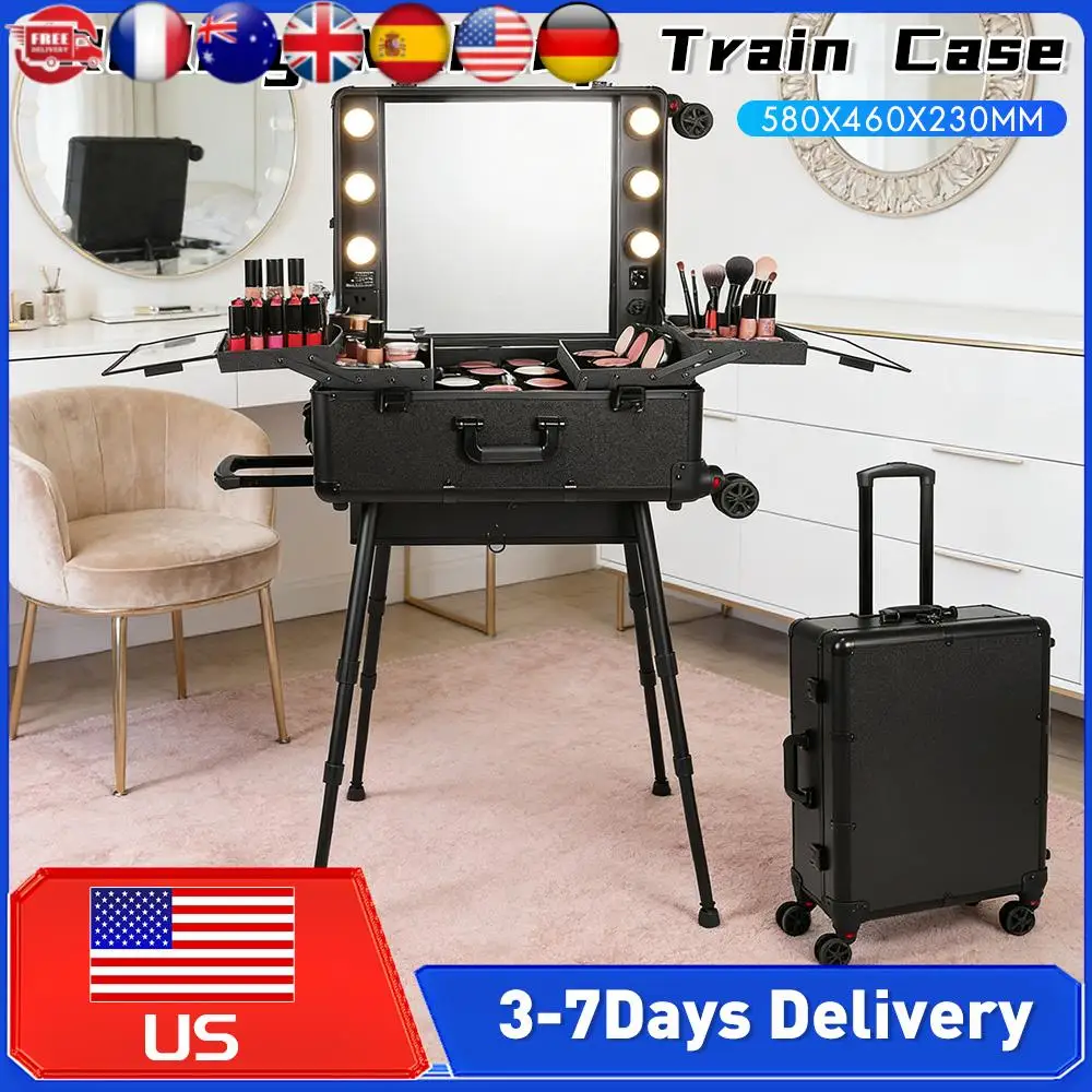 

Косметический чемодан-тележка на колесах с зеркалом и подсветкой, съемный, складной, для салонов красоты, путешествий, парикмахеров, визажистов ﻿