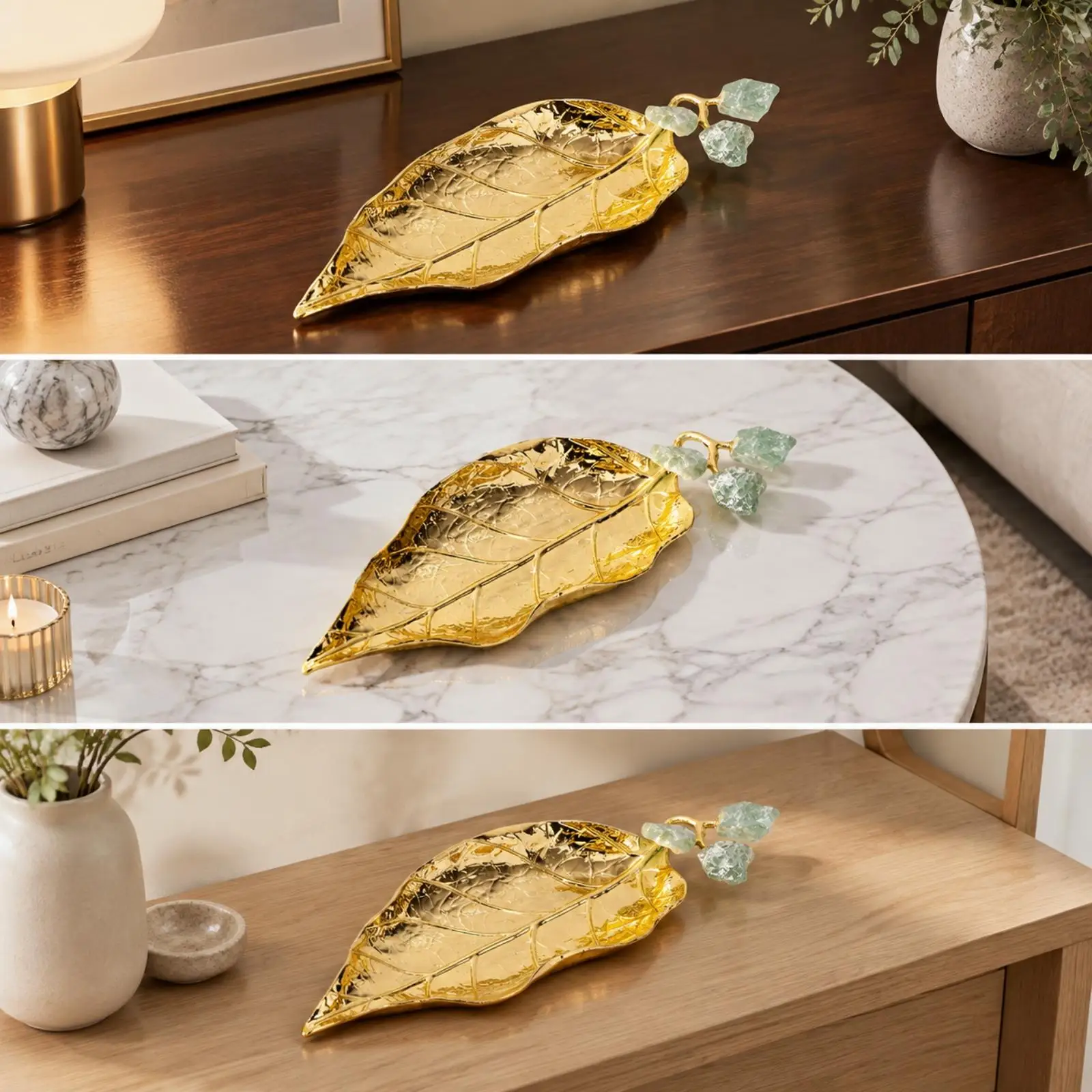 Sculptural Gold Fruit Tray for Dining Room with Leaf Vein Texture and Stone Accent Stem for Decorative Home Accessory