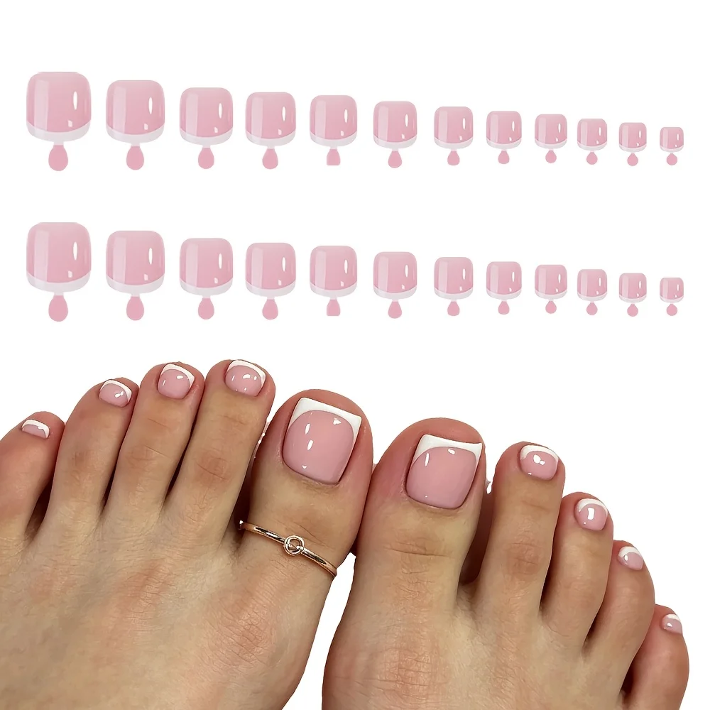 1 Box of French-Style Toenail Tips, Each Box Contains 12 Different Types, 120 Pieces, White French-Style Toenail Tips, Cross-Border Boxed Nude Pink Toenail Stickers