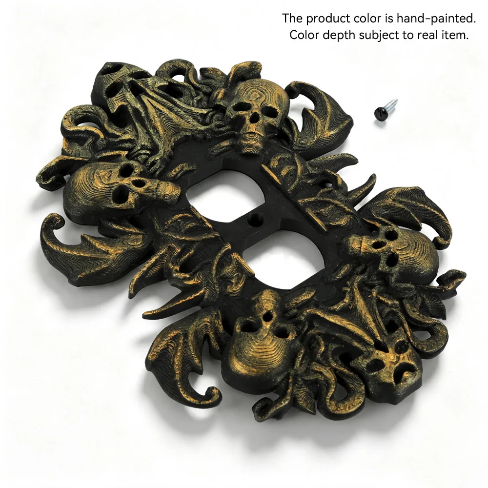 Cross-border Dark Gothic Black Gold Skull Carved Outlet Wall Plate, Vintage Distressed Baroque Ornate Duplex Socket Decor Cover