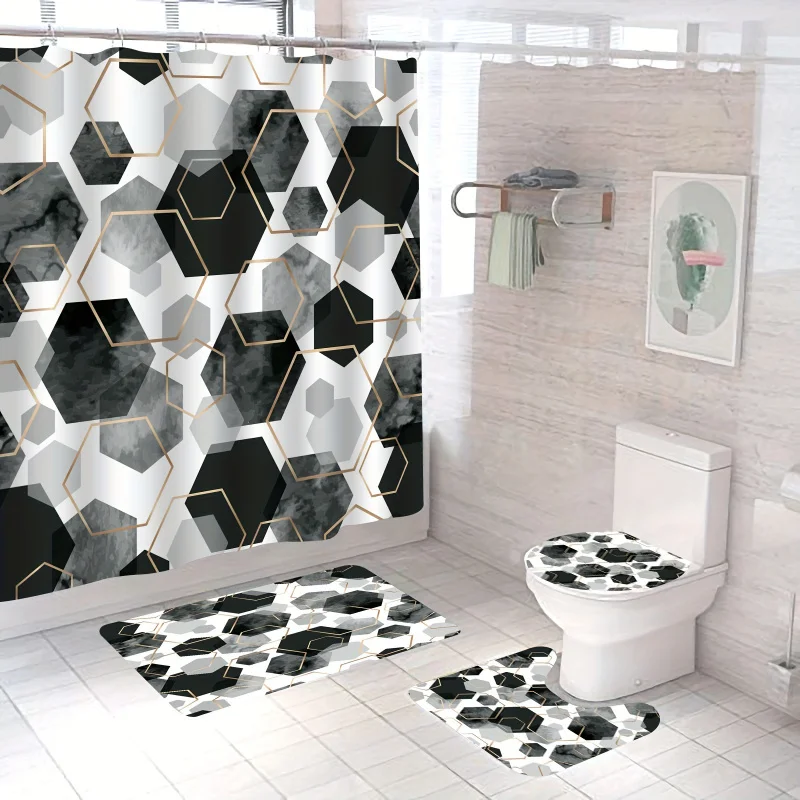 1/4 Piece Black Abstract Geometric Set Waterproof Shower Curtain With 12 Hooks Non-Slip Bathroom Mat