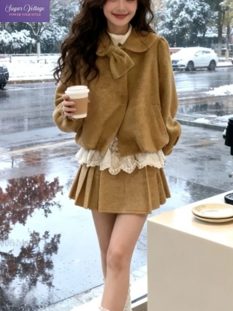 

Harajuku винтажный элегантный зимний комплект из 2 предметов, женское свободное шерстяное пальто с бантом + плиссированная юбка с высокой талией, милый теплый модный шикарный наряд