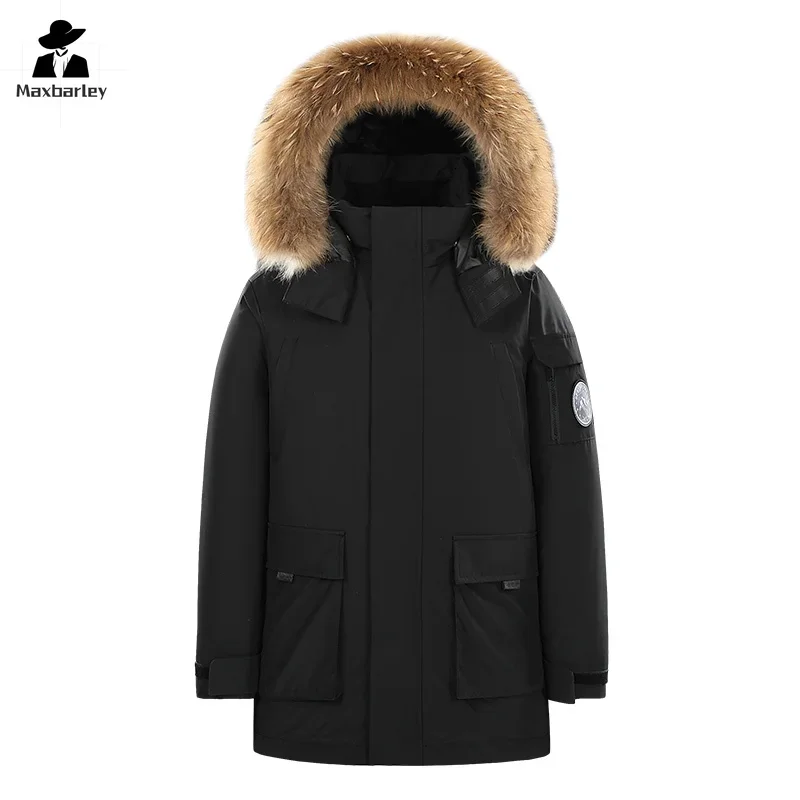 New Winter Warm Down Jacket Men\'s Luxury Thick Removable Wool Collar Hooded White Duck Down Parka Women Trendy Ski Puffer Jacket