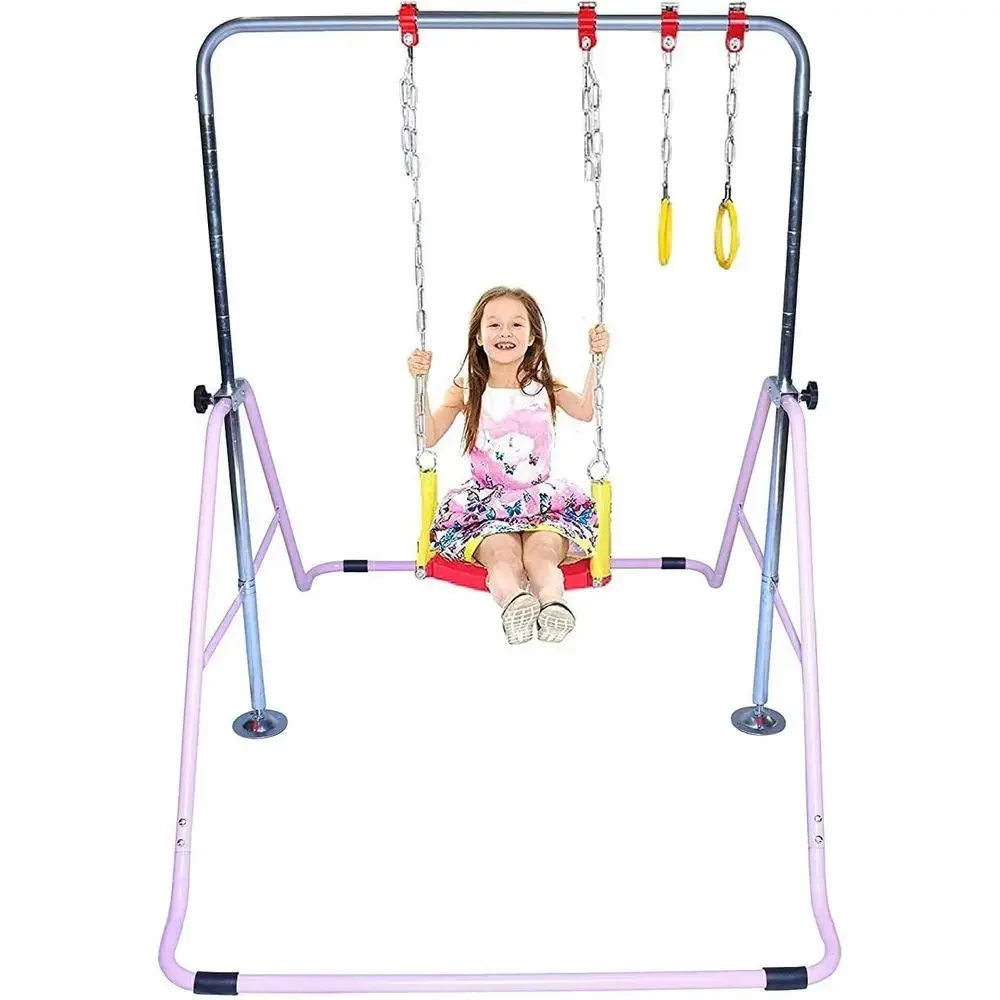 

3-in-1 Kids' Jungle Gym with Monkey Bar, Swing, Trapeze, and Adjustable Climbing Tower in Pink