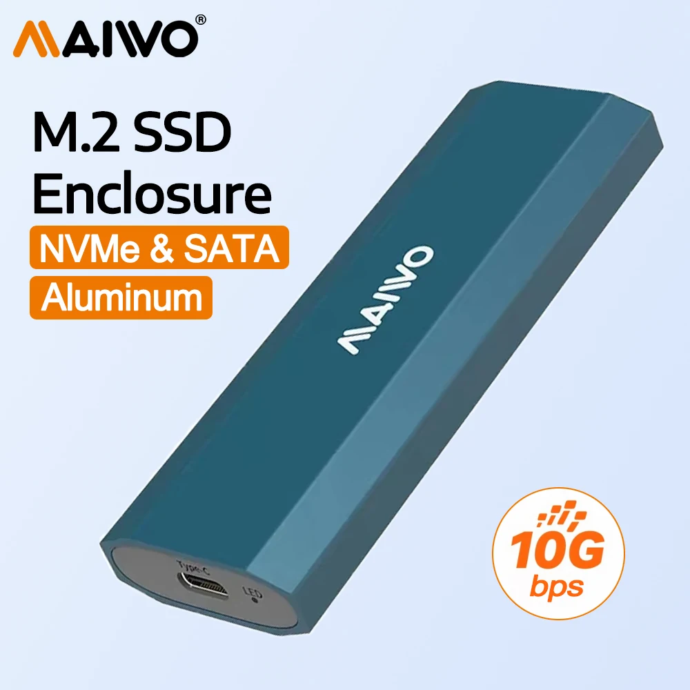 MAIWO M.2 SSD Case NVMe SSD Enclosure Adapter 10Gbps USB 3.2 Gen2 USB C External NVMe SATA SSD Box Supports M&B/M Keys Tool free