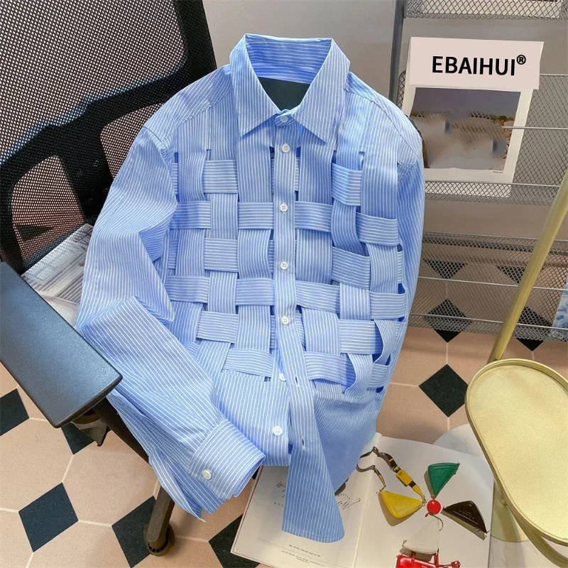 EBAIHUI Women Solid Hollow Out Shirts Lapel Long Sleeve Loose Waist Fashion Patchwork Blouse Female Chic Casual Poly Shirt 2024