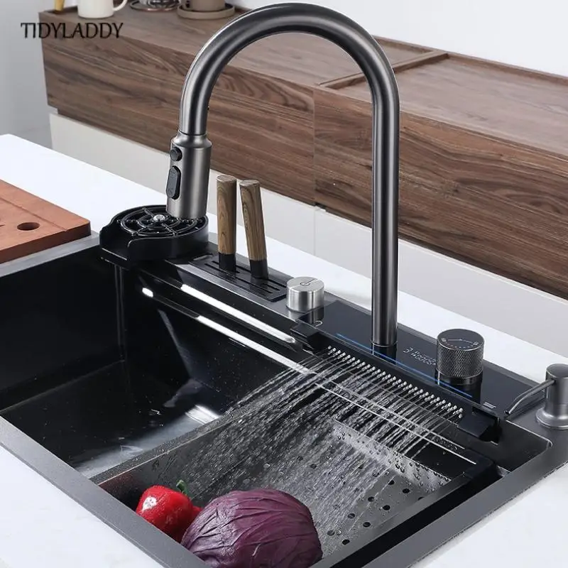 Fregadero de cocina en cascada de acero inoxidable, Gran Tazón individual con grifo de cascada multifunción, accesorios de cocina