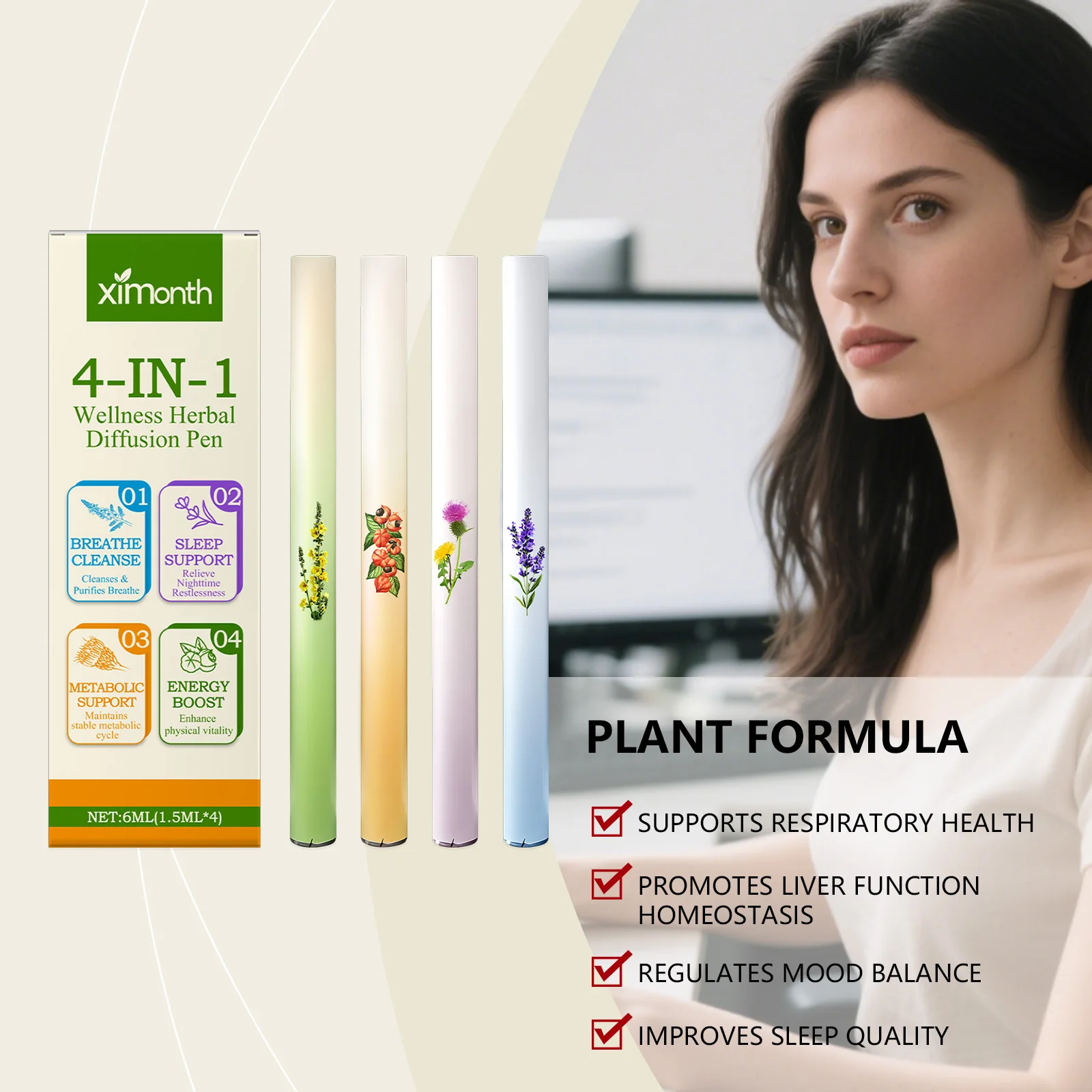Bolígrafo Ambientador 4 en 1, Barra Energética Herbal, Respiración Clara, Refuerza la Inmunidad, Mejora la Concentración, Aumenta la Vitalidad, Bolígrafo Difusor Herbal