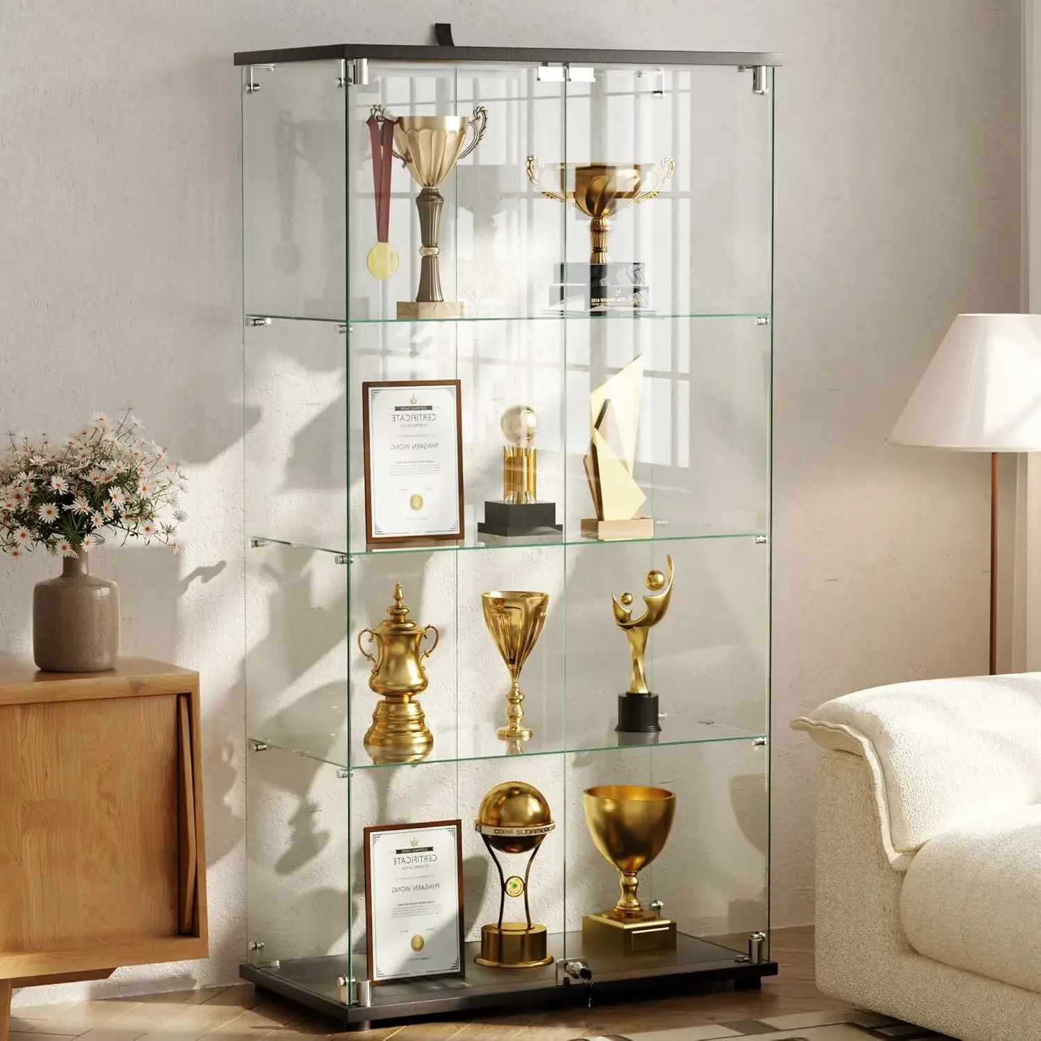 

Glass Display Cabinet With Lock Glass Door Solid Wood Tier Collectible Storage Display Case Bookcase Black