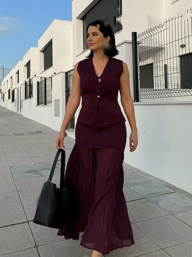HH Femael Set V-Neck Sleeveless Single Breasted Knitted Vest+High Waist Side Zipper Splicing Skirts Women Fashion Suits
