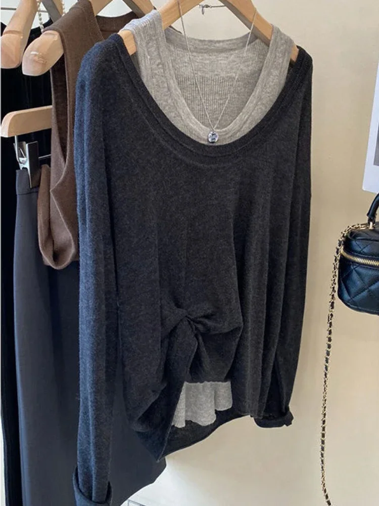 

2 Pieces Sets Women M-4XL Baggy Vintage Solid Spring Leisure Daily Cozy Pullovers Basic Boyfriend Tanks 2023 Korean Style OOTD