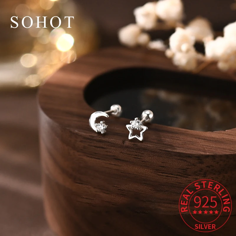 

Real 925 Sterling Silver Hollow Star Moon Zircon Stud Earrings for Charm Women Piercing Screw Bead Fine Jewelry Accessories