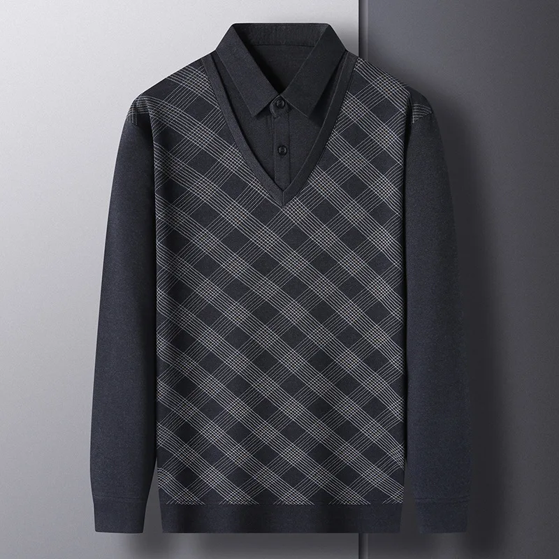 Spring and Autumn Men's Pullover Polo Collar Plaid Solid Button Fake Two Piece Polo Bottom T-shirt Fashion Casual Formal Tops