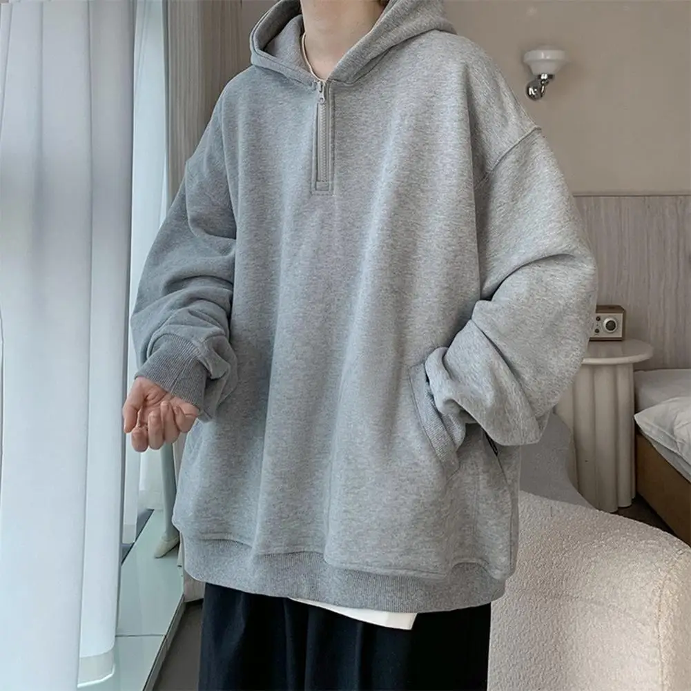 Fall Spring Men Hoodie Half Zipper Hooded Pockets Long Sleeves Loose Elastic Cuff Pure Color Pullover Thick Warm Sportswear ﻿