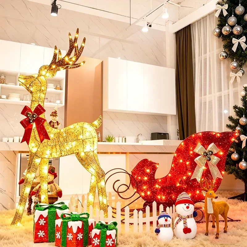 Reindeer Pulling Sleigh Decoration Large Holiday Yard Display Illuminated Deer Cart Prop for Home Garden Shopping Mall Setup