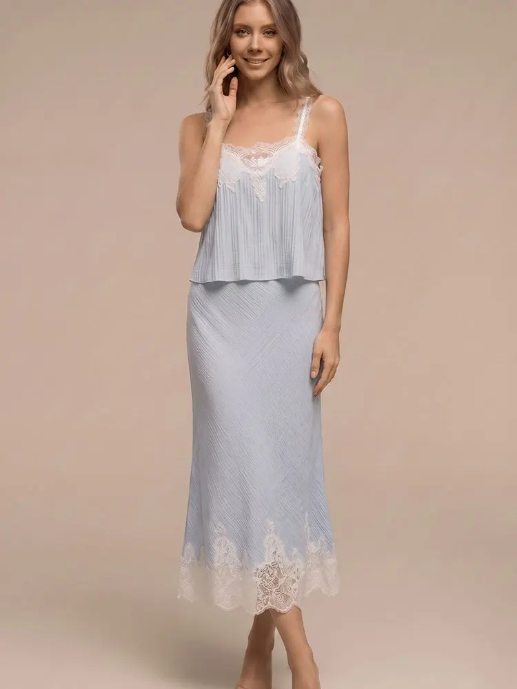 HH Damen Blumen-Spitzenbesatz Sommer 2-Teiliges Set Spaghetti-Träger Top Hochgeschnittener Midi-Rock Elegantes Party Casual Urlaubs-Set