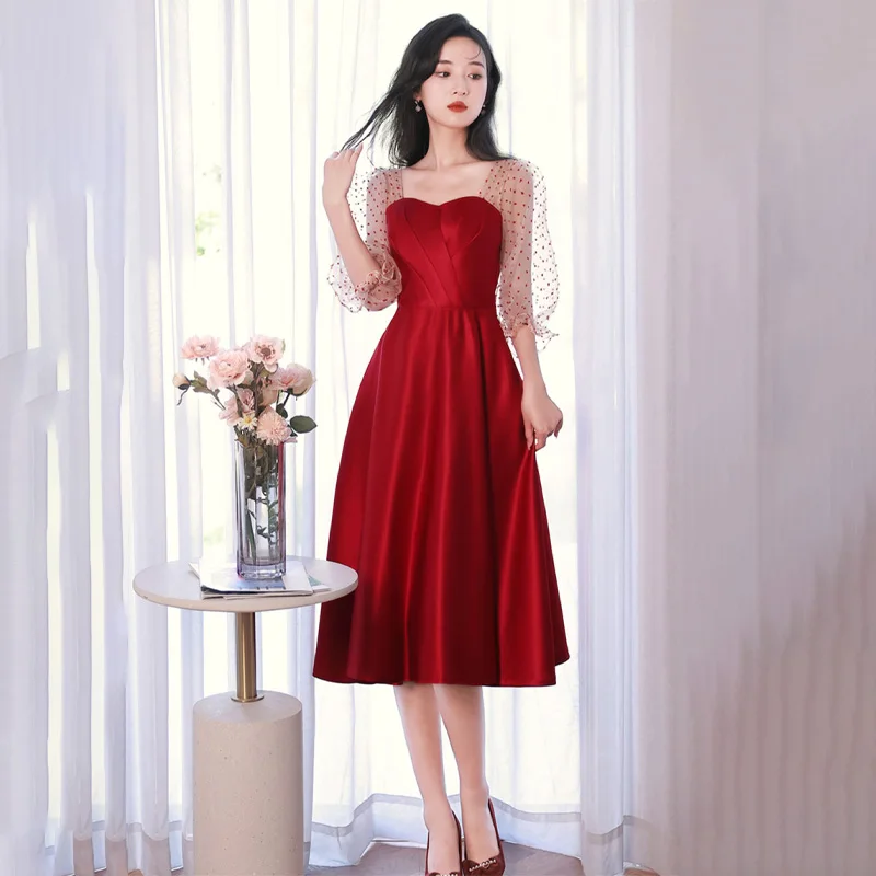 

New Arrival Strapless Half Sleeves Simple Ruched Tea-Length A-Line Lace Up Satin Burgundy Formal Dress Dress Woman Party A2830