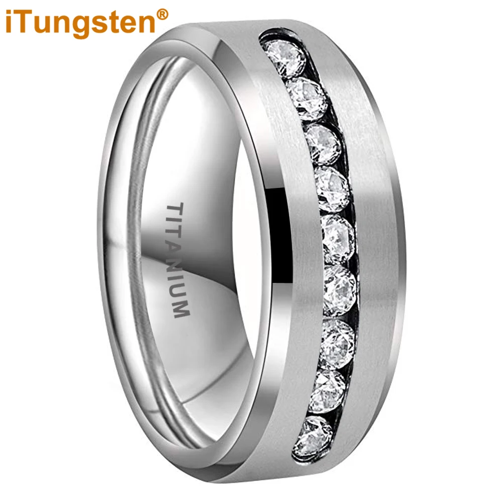 Anillo mate de titanio iTungsten de 8mm para hombres y mujeres, circonita cúbica con incrustaciones de circonia cúbica, banda de compromiso de eternidad a la moda, ajuste cómodo