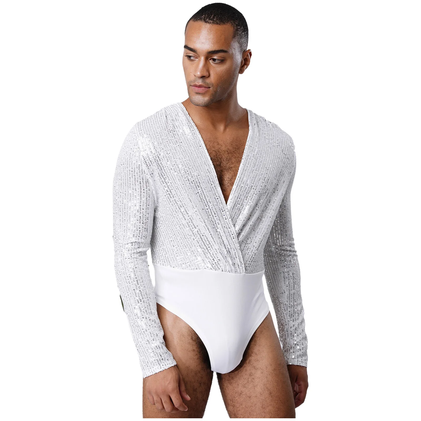Mens Ballet Dance Leotard Shiny Sequin Front Wrap Deep V Neck Long Sleeve High Cut Bodysuit Modern Dance Performance Costume