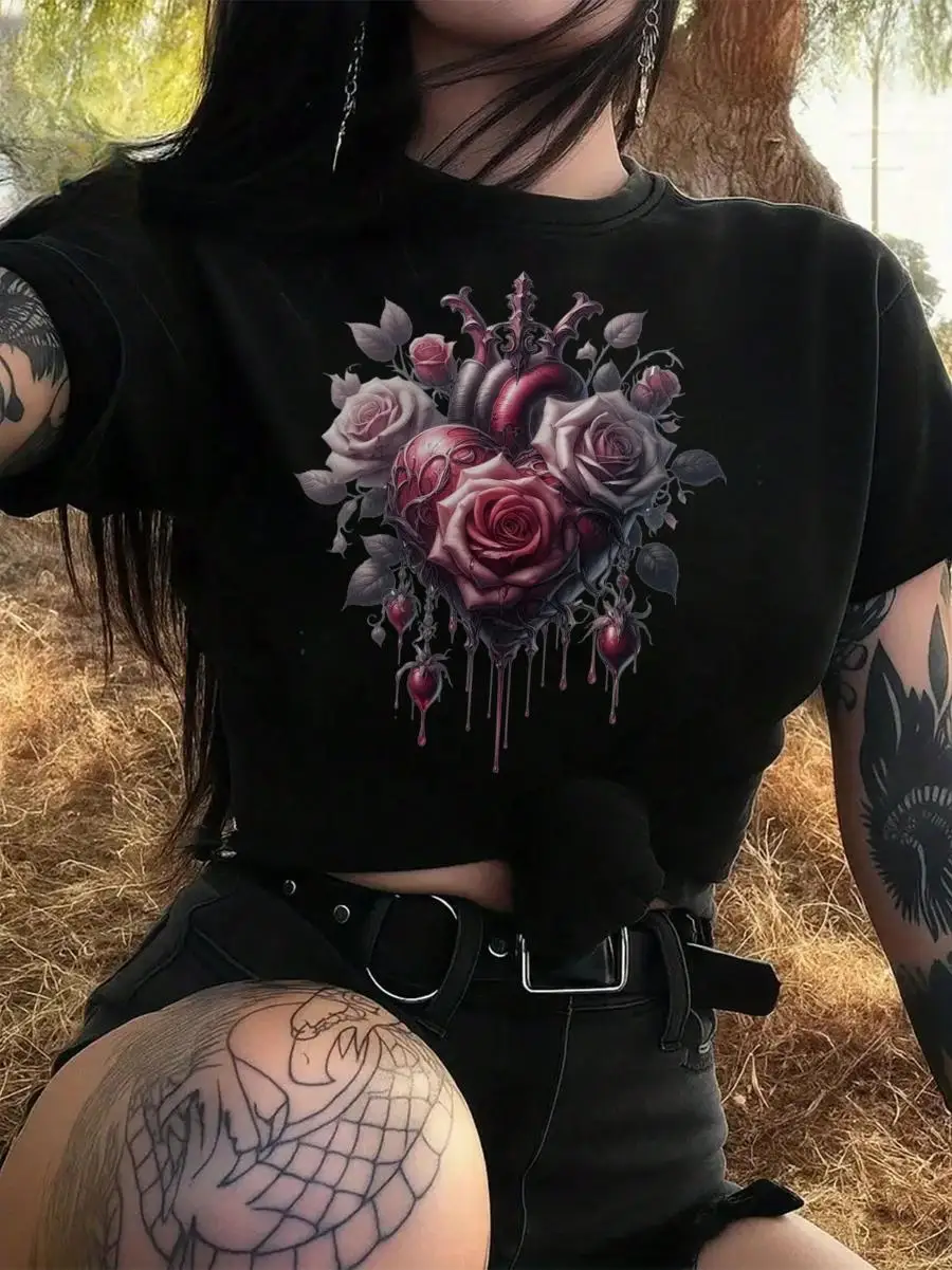 Gothic Drooping Heart Halloween Gothic Summer Must-Have New Product. Suitable For Both Spring And Summer Fashionable Women s Spring Tee Crew Neck