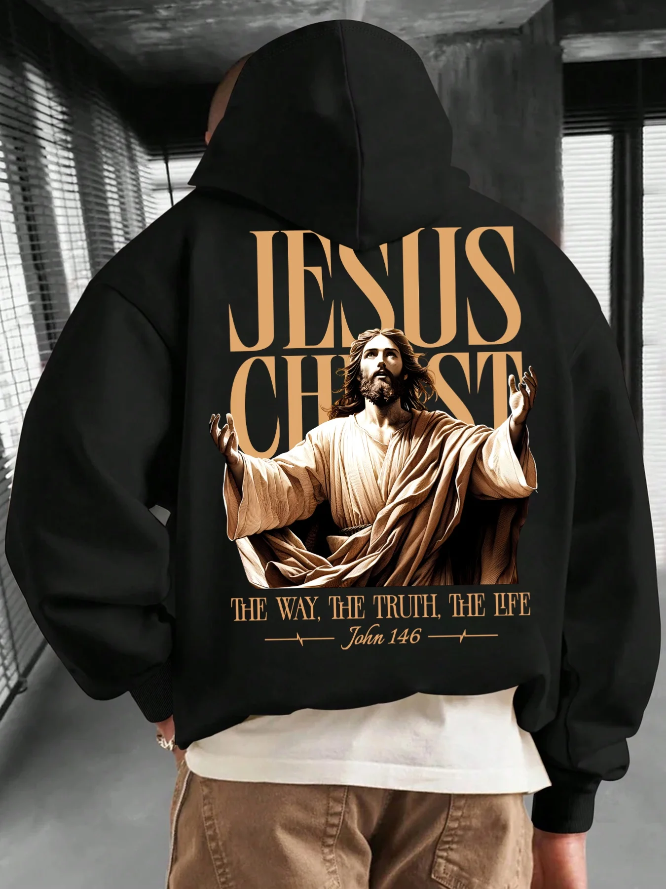 Jesus Print Fashion Trend Men Hooded Sweatshirt Autumn and Winter Daily Outdoor Sports Loose All Build Leisure Warm Street Style