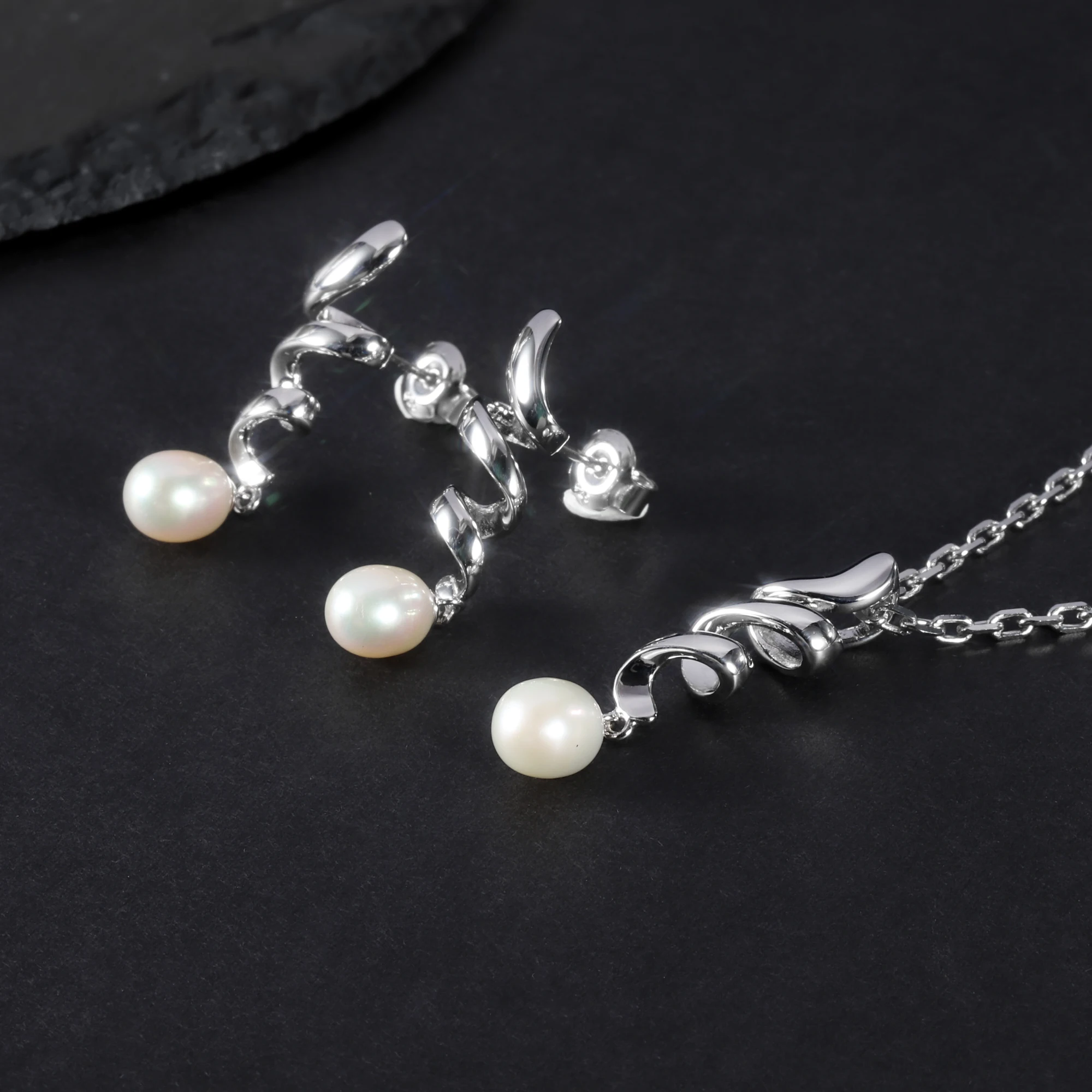 GEM'S BALLET Pearl Jewelry 925 Sterling Silver 8mm White Fresh-water Pearl Necklace Fashion Style Gift For her