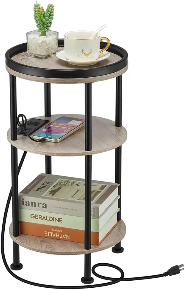 

Small Round Side Table with Charging Station for Small Spaces, 3-Tier Accent Table with USB Ports & Power Outlets, Corner