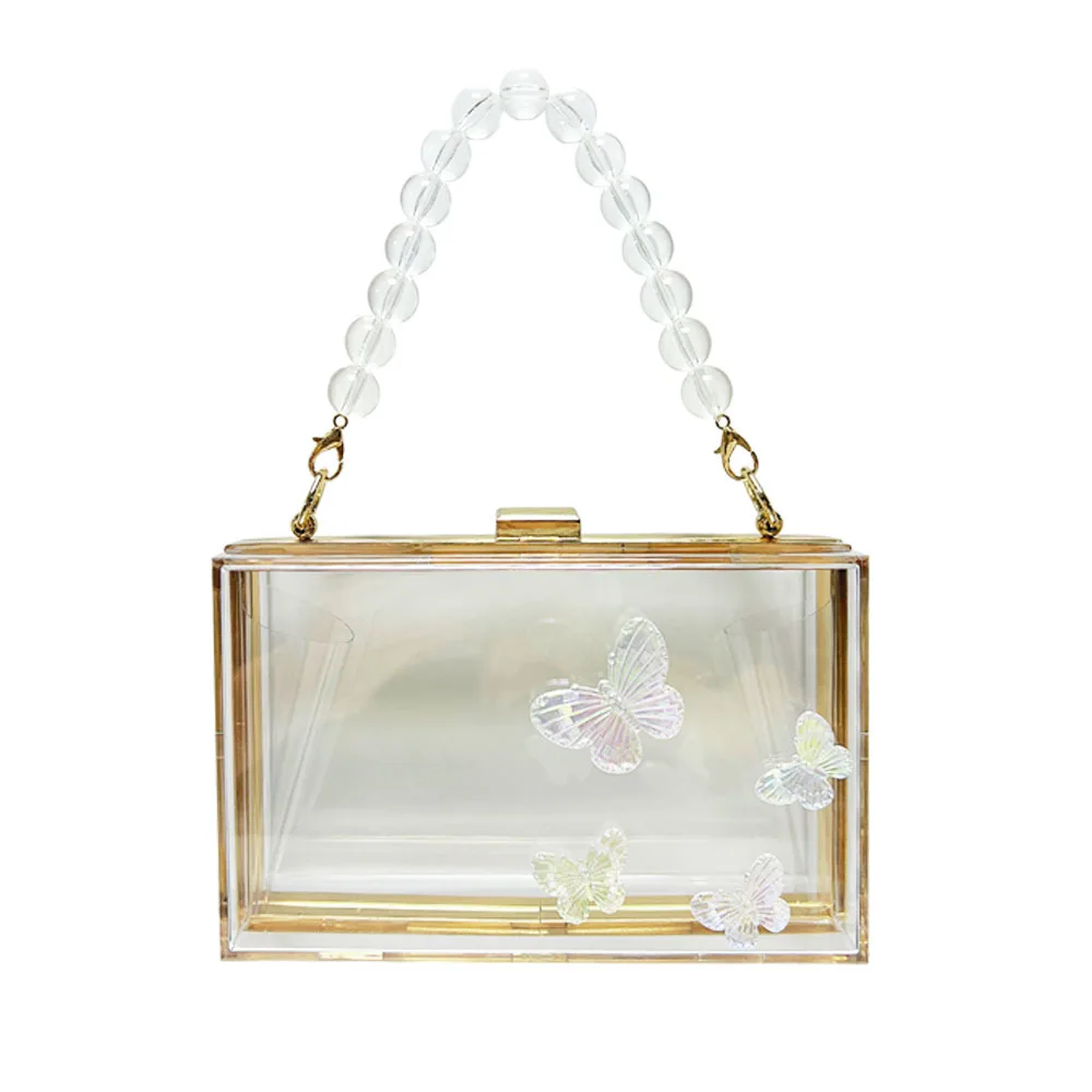 Clear Acrylic Iridescent 3D Butterfly Pearl Chain Box Clutch Luxury Dreamy Evening Purse For Mature Women Wedding Formal Handbag