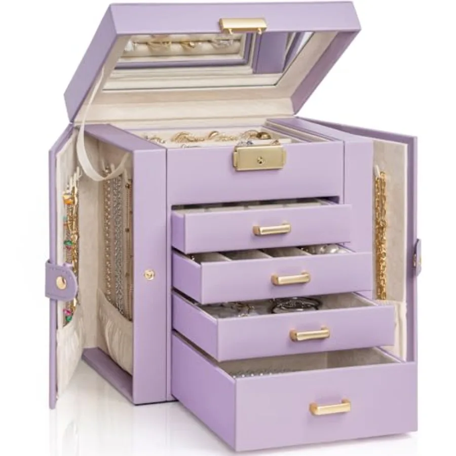 

5-уровневая шкатулка для драгоценностей, кожаный органайзер для хранения ювелирных изделий с 4 ящиками, запираемыми для женщин и девочек, кольцо, ожерелье, серьги, браслет, Wat