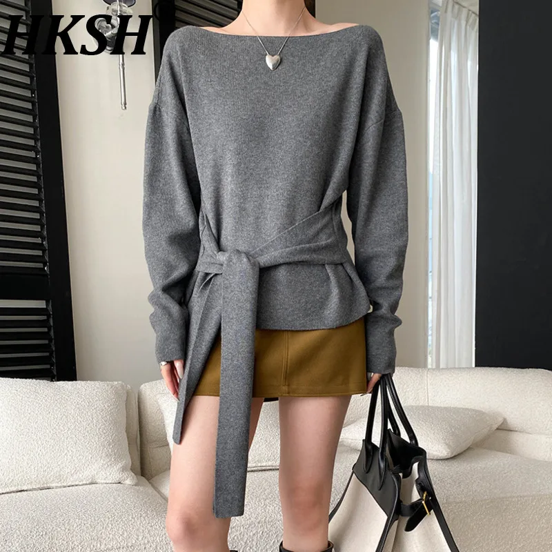 

HKSH Autumn Winter New Women Sweater Off-Shoulder Long Sleeves Lace-up Waist Solid Color Elegant High Street Knitted Top HK17087