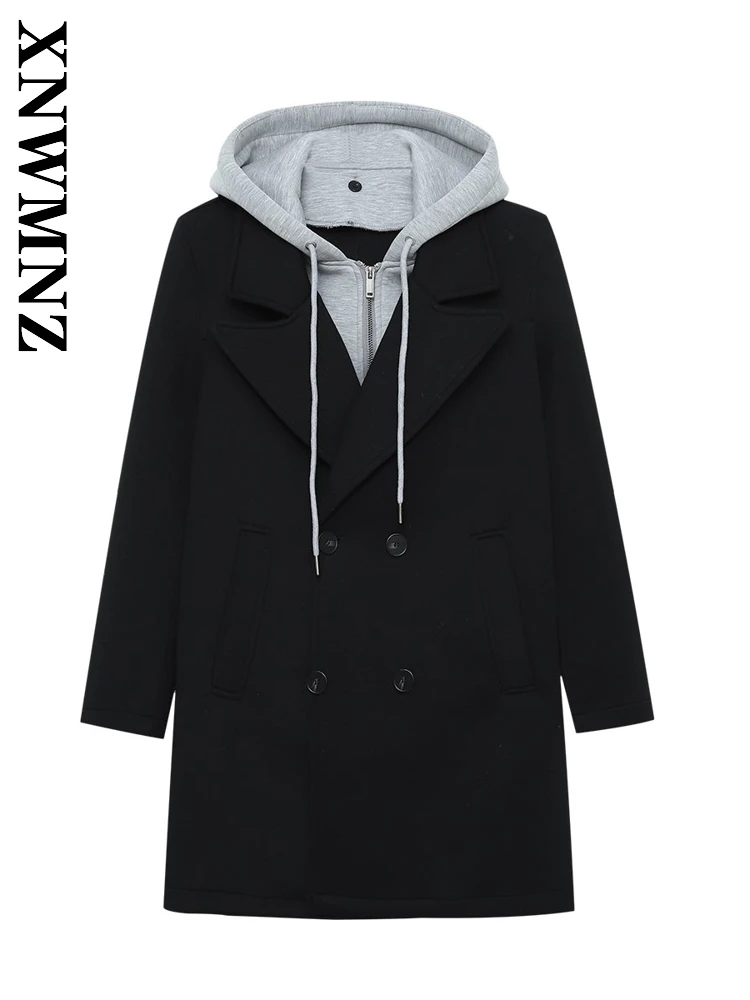 

XNWMNZ 2025 осенняя новая женская винтажная куртка средней длины с длинным рукавом и воротником с капюшоном, повседневное женское черное пальто на молнии