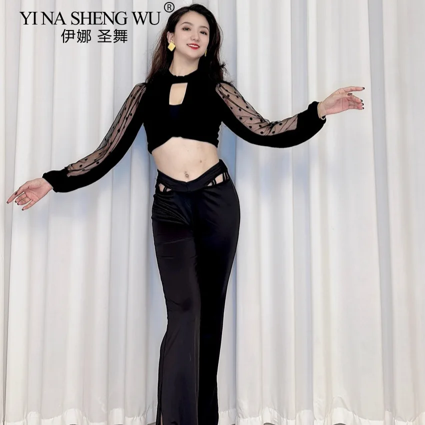 Buikdanskostuum Vrouwen Mesh Garen Modale Lantaarn Mouw Holle Hoge Taille Broek Beginner Prestaties Outfit Oosterse Danskleding