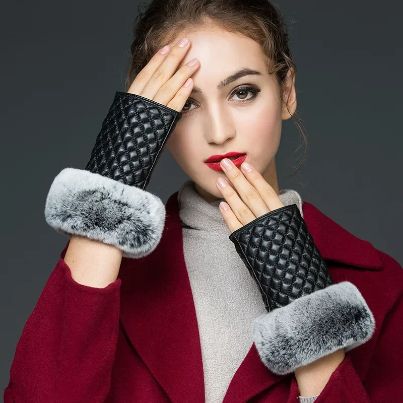 Women\'s Autumn and Winter 100% Genuine Leather Half Finger Fashion Gloves Sheepskin Half Palm Dew Finger Luxury Warm Gloves