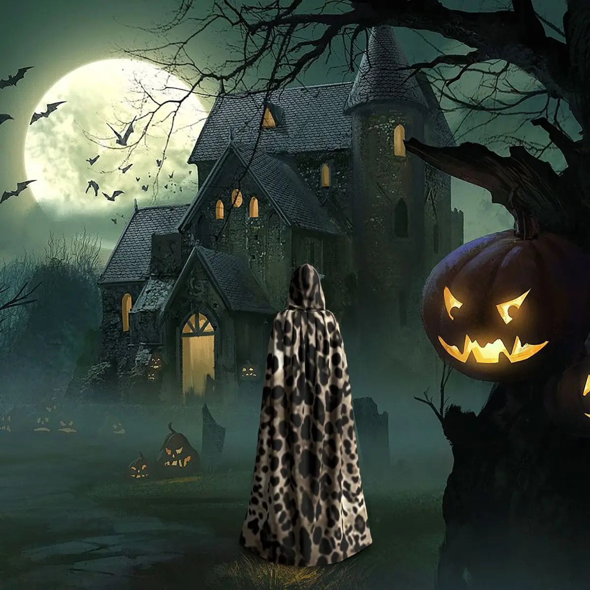 ليوبارد الجلد طويل مقنعين عباءة الساحرة القرون الوسطى زي تأثيري كيب هالوين حفلة الكبار للجنسين