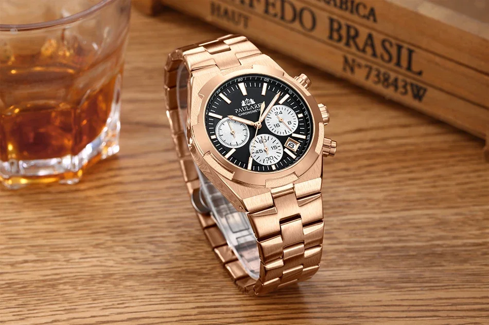 Men Chronograph Luxury Luminous Rose Gold Silver Blue Fashion Quartz Overseas Stainless Steel Watches