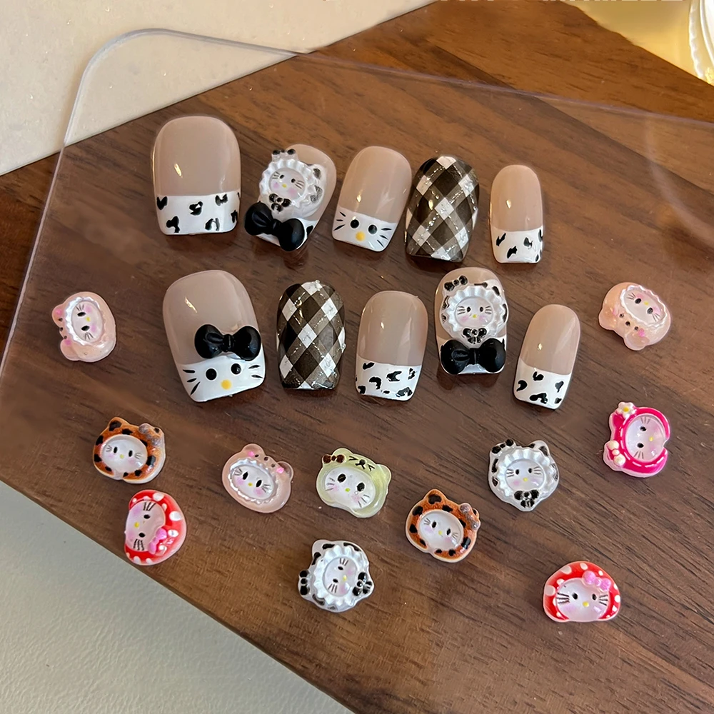 10Pcs 3D Cartoon Resin Hat Kitty Nail Charms Black White/Leopard/Pink Hat Hello Kitty Nail Art Decor Autumn Winter KT Hat Parts