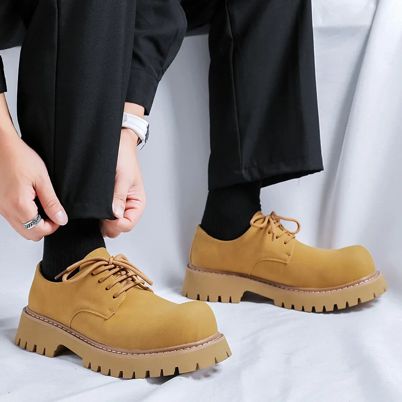 large size men's casual platform shoes lace-up original leather derby shoe outdoors cowboy desert platform sneakers man footwear