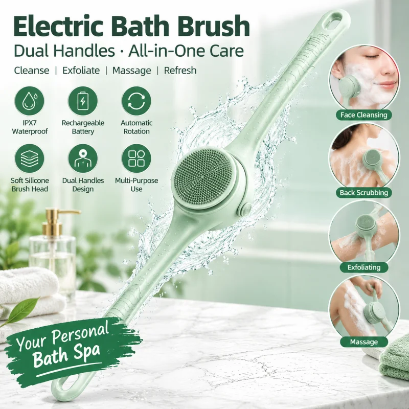 Electric Body Brush with 4 Heads,Back Scrubber for Shower, Waterproof Long Dual Handle Power Body Scrubber, Bath Brush for Clean
