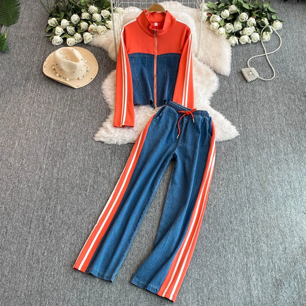 Neploe Europe Turtleneck Long Sleeve Casual Sets Tops Wid Legpants Straight Panelled Lace Up Trousers Moda Stripe Suit Sweatpant