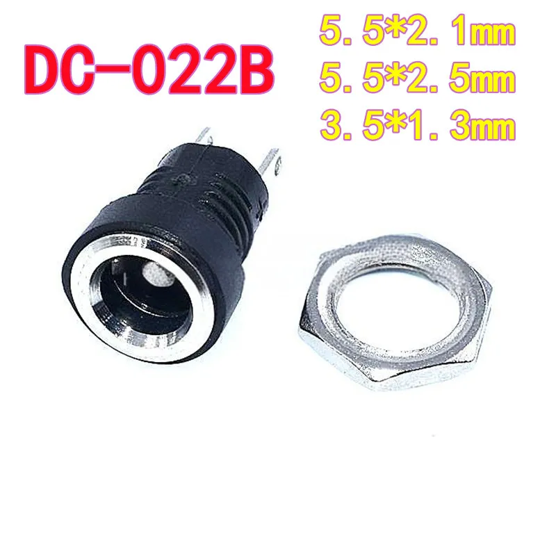 10PCS DC Power Socket DC-022B 5.5X2.1/5.5X2.5mm, 2-Pin Solder Wire Round Hole Threaded Female Socket 3.5X1.3mm