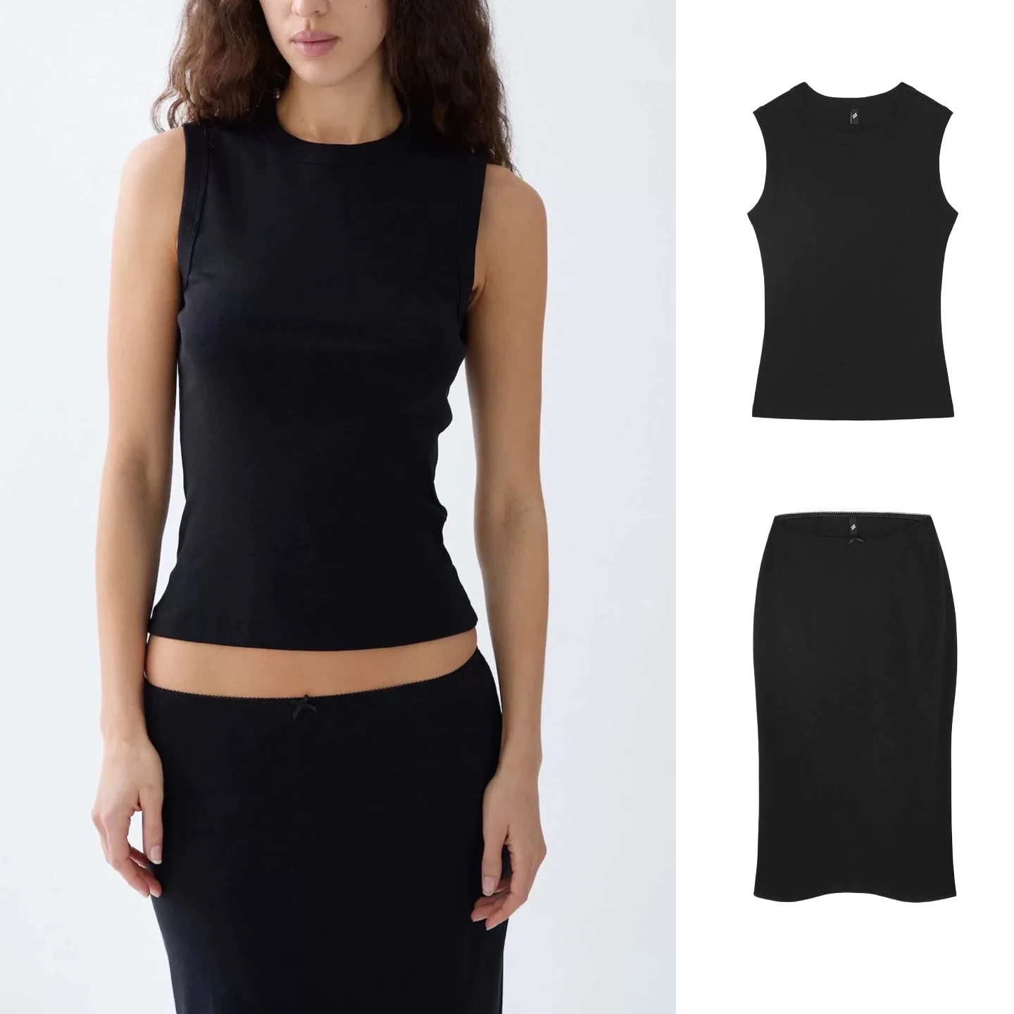 COU Mizuhara Kiko's Same Black Round-Neck Vest Top, Elastic Lace Waist Low-Waisted Skirt