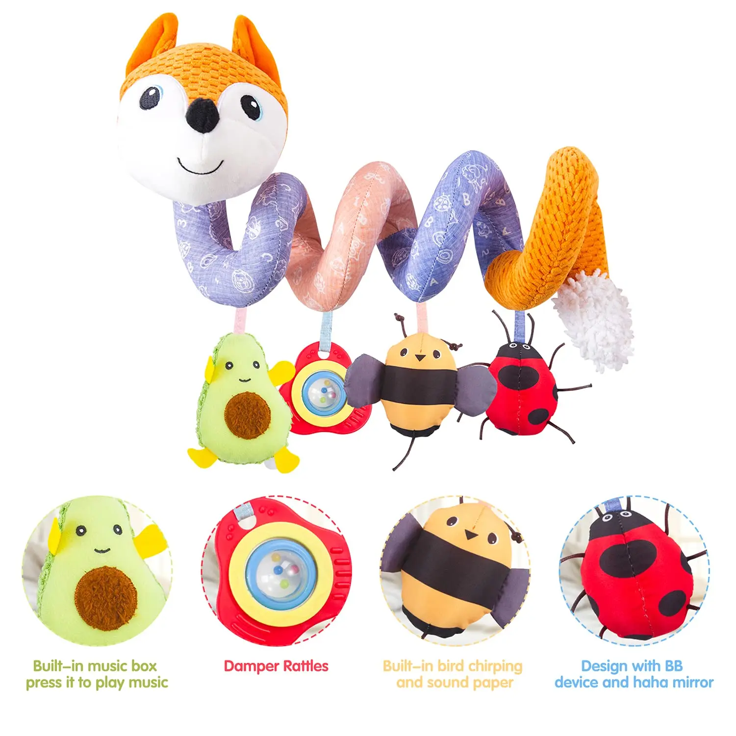 Infant Baby Orange Fox Spiral Plush Activity Hanging Toys Car Seat Stroller Crib Bassinet Mobile Music BB Squeaker and Rattles